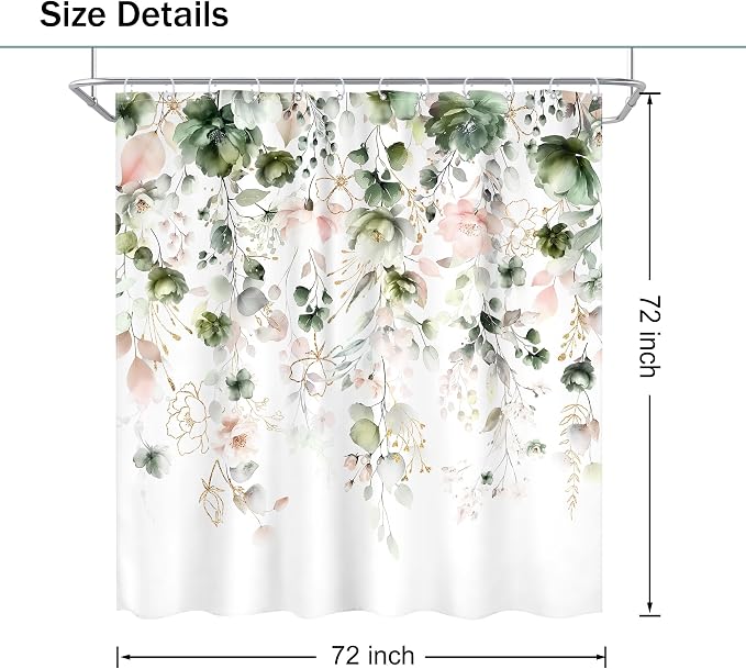 Green Pink Floral Spring Summer Rustic Bathroom Shower Curtain Set | 72"W x 72"L Flower Eucalyptus look, waterproof HD printed shower curtain, quick-dry fabric and free hooks.