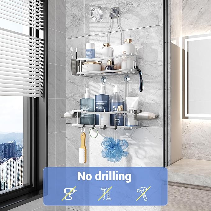 Hanging Shower Caddy Over Shower Head - No Drill Rustproof Shower Rack | Includes Soap Holder and Hooks for Shampoo, Conditioner, and Bathroom Essentials with Stable Storage in Any Shower Space