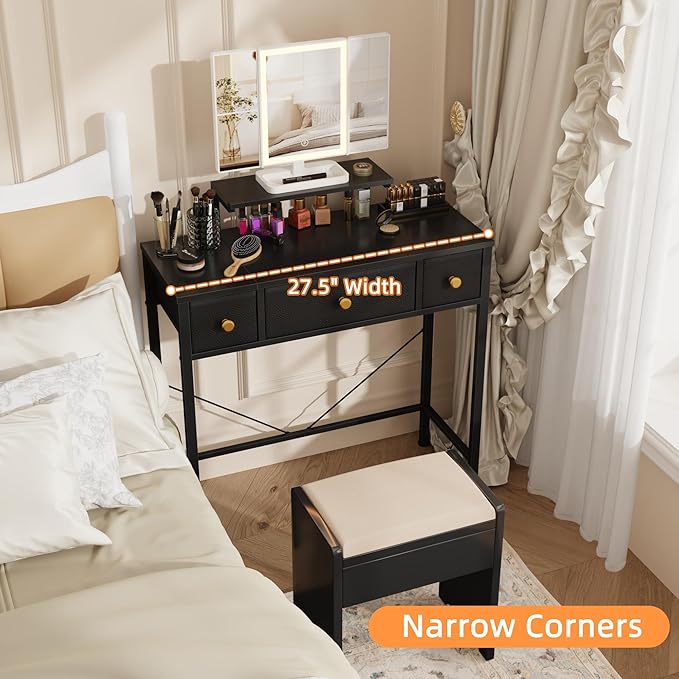 Small Makeup Vanity Desk 27.5''W with Mirror and Lights, 3 Drawers | USB Lighted Mirror, Height-Adjustable Stand, Fabric Drawers, Girls/Kids Gifts, Bedroom, Small Space, Dorm, Black