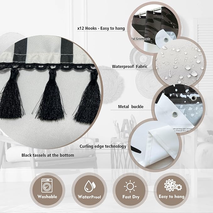 Boho Mid Century Leaf Shower Curtain Set,Arch Sun Design,Minimalistic Leaves Pattern,Waterproof and Luxurious Fabric-12 Hooks(Black and White-72" x 72")