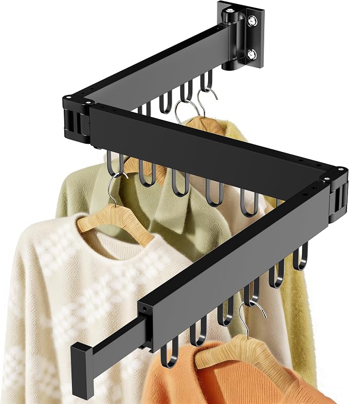 Clothes Drying Rack Wall Mounted, Space-Saving Drying Rack Clothing, Collapsible Foldable Retractable Laundry Rack with 18 Hooks, Indoor/Outdoor, Black