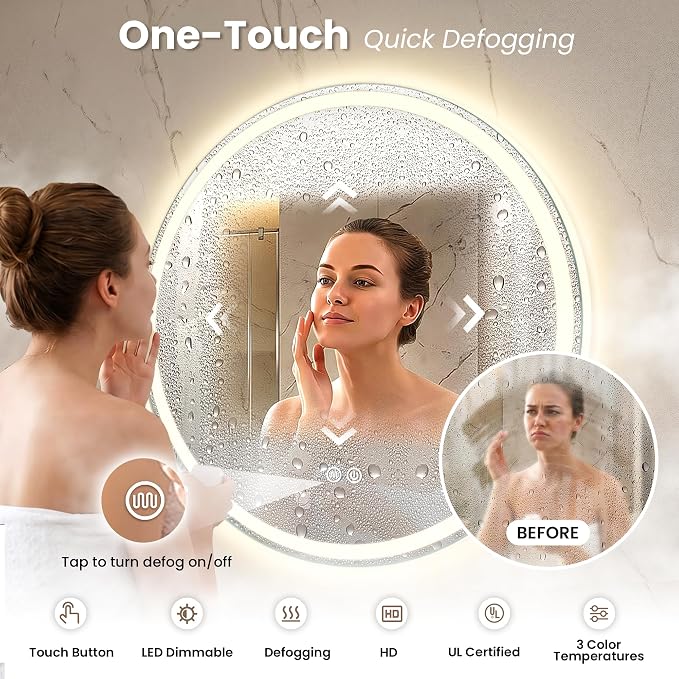24 Inch Round LED Bathroom Mirror with Anti-Fog Backlit + Front Lit | Dimmable, 3 Color Temperature, Tempered Glass, Wall Mounted, Shatter-Proof Vanity Mirror with Light for Washroom, Closet
