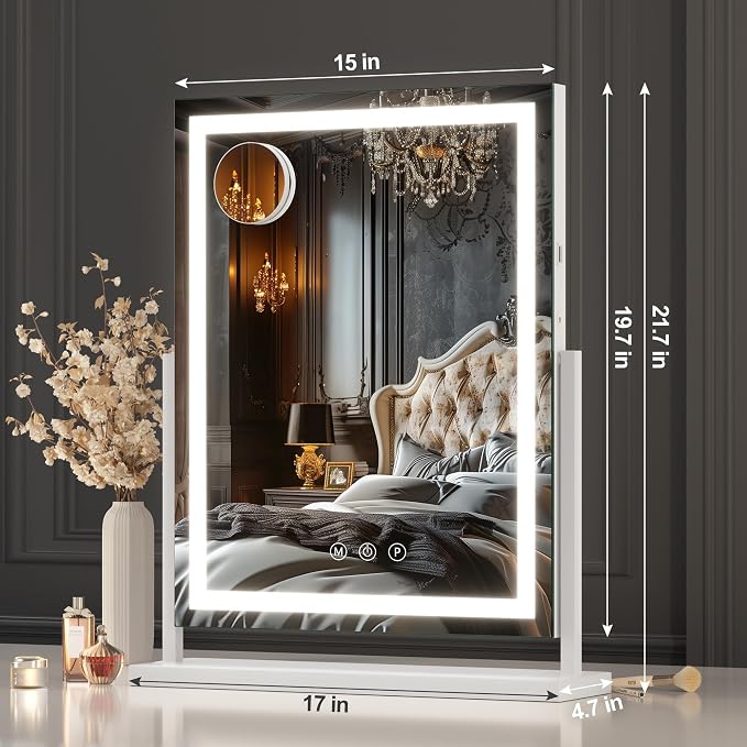 Hasipu Professional Large Vanity Mirror with Lights, 17"x22" Vertical LED Makeup Mirror with 10X Magnification, Smart Touch Control Dimmable 3 Modes Light 360°Rotation for Dresser