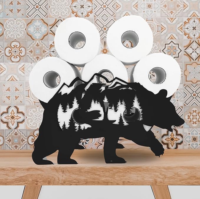 Black Bear Metal Toilet Tissue Holder - Funny Animal Paper Holder for Bathrooms - FreeStanding Organizer Holds Extra 8 Rolls