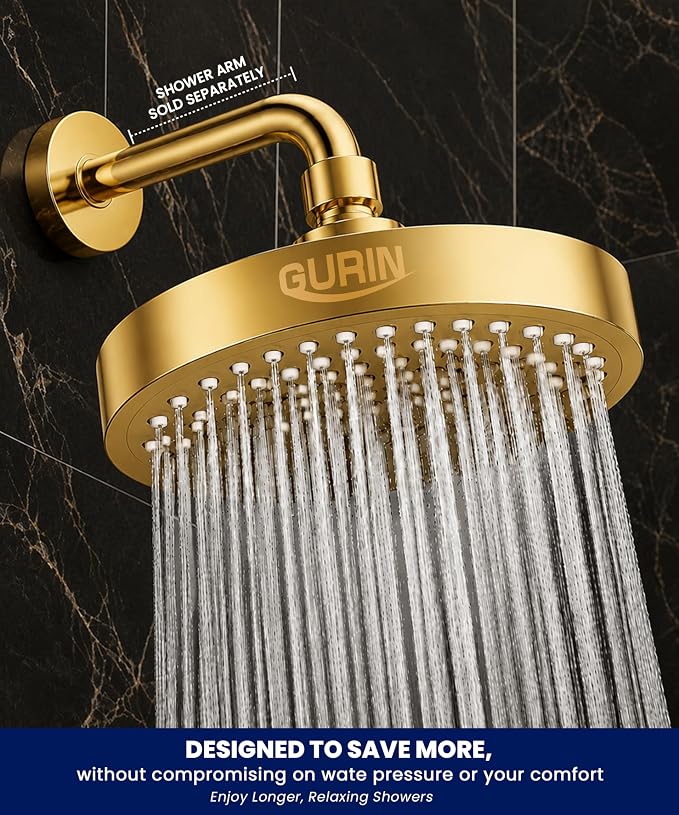 Shower Head - Luxury Gold Plated Finish - Rain Showerhead 6 Inch | High Pressure Shower Heads with Adjustable Angles, 90 Anti-Clog Nozzles, Tool-Free 1-Min Install