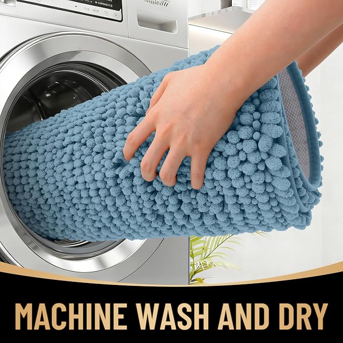 OLANLY Thick Chenille Bathroom Runner Rugs Mats 47x24, Airy Blue | Soft Absorbent Bath Rugs, Rubber Backing, Machine Wash Dry, Bath Mats for Bathroom, Tub and Shower, Home Decor Accessories