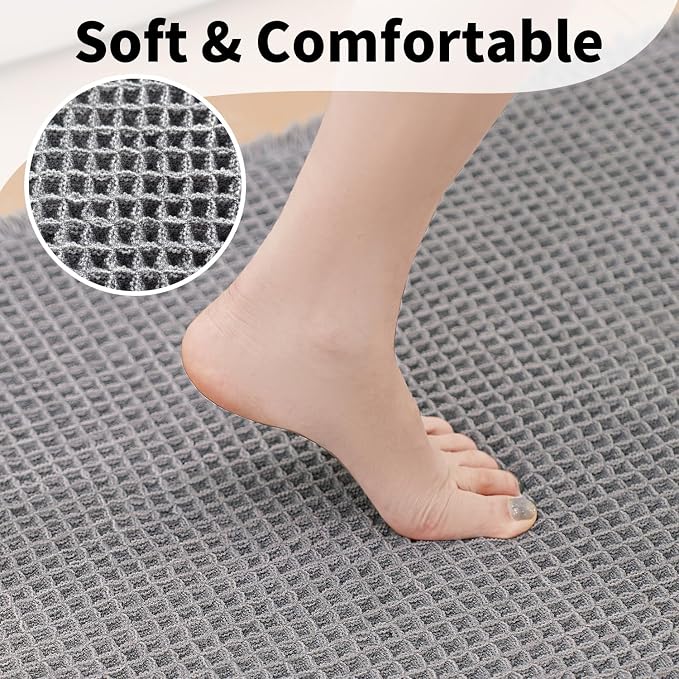Waffle Bath Mat, Boho Bathroom Rugs Non Slip Washable, 20" x 32" | Super Absorbent Quick Dry Bath Mat, Small Boho Bathroom Mats, Soft Waffle Weave Farmhouse Bathroom Decor, Light Grey