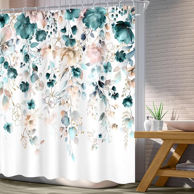 Floral Teal Green Eucalyptus Leaf Rustic Bathroom Shower Curtain Set | 72"W x 72"L Flower Watercolor style, clear shower print, fast-dry fabric and hooks for a simple bath update.