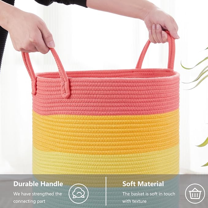 60L Large Rainbow Hamper Tall Woven Rope Laundry Basket for Kids | Nursery Baby Girls Toddler Clothes Blanket Toy Storage Unicorn Hamper in Playroom Bedroom 15"Dx20"H