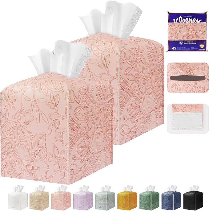 Tissue Box Holder Cover Square Tissue Cube Cover PU Leather Tissue Organizer with Bottom Belt for Bathroom, Tabletop, Kitchen, Night Stands, Office, Home, Car (2, RosyPink)