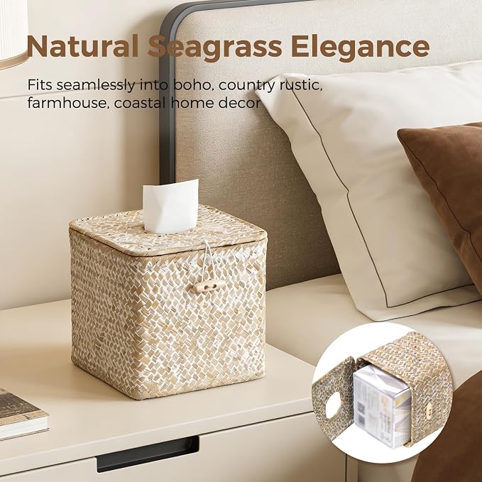 Seagrass Tissue Box Cover Square, Woven Wicker Tissue Box Holder, Whitewash | With Lid, Natural Seagrass, Handwoven, Boho Decor, Decorative Facial Cube Tissue Cover Holder for Bathroom Office Table