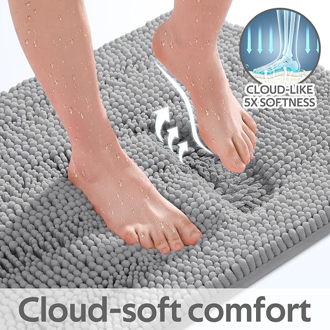 Striped Light Grey Bathroom Rug Mat Set 2 piece 24"x17"+48"x20" Ultra Soft, Non Slip Chenille Bath Rugs, Absorbent Plush Shaggy Bath Mats for Bathroom, Bedroom, Kitchen, Shower, Tub,Light Gray