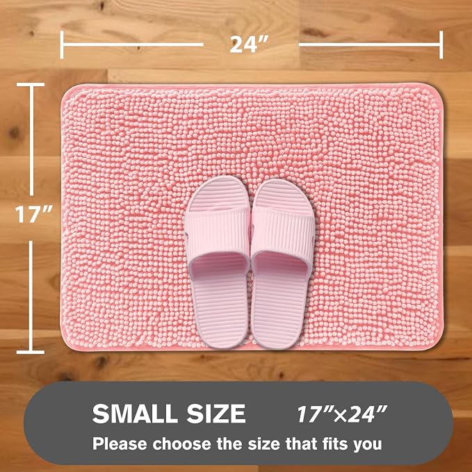 Pink Bathroom Rugs – Absorbent and Washable Bath Mat, Non-Slip, Thick Soft Chenille Bath Rugs for Bathroom Floor, Shower, Sink - 17" x 24"