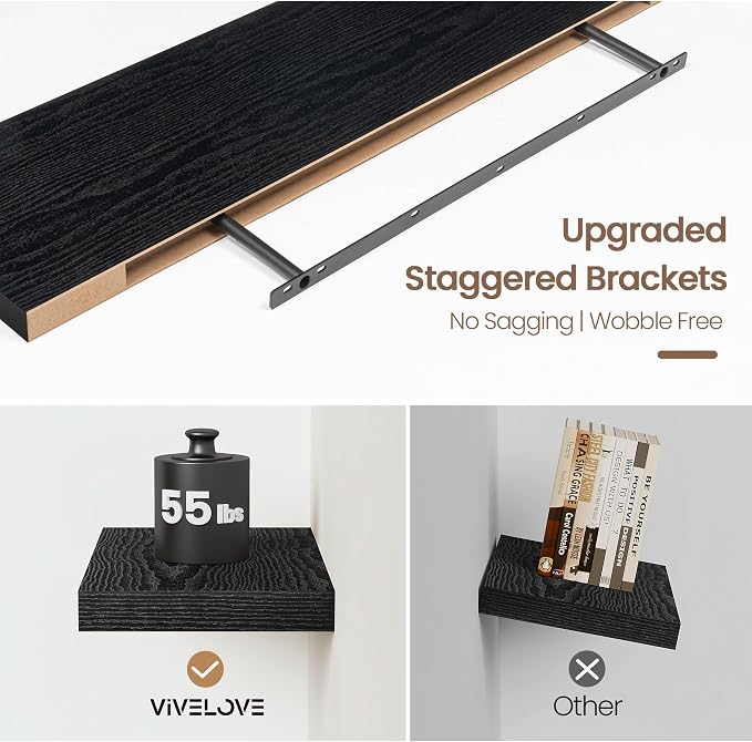 Vivelove Floating Shelves 9 inch Deep 40”Long Set of 2, Black | Easy Install With Hardware, 1.5" Thick, Invisible Brackets, Wall Mounted, No Sagging, For Any Room