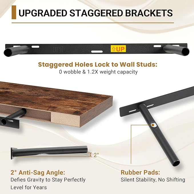 Vivelove 12" Deep Floating Shelves 24x12” Set of 2, Rustic Brown | Easy Install With Hardware, 2" Thick, Invisible Brackets, Wall Mounted, No Sagging, For Any Room