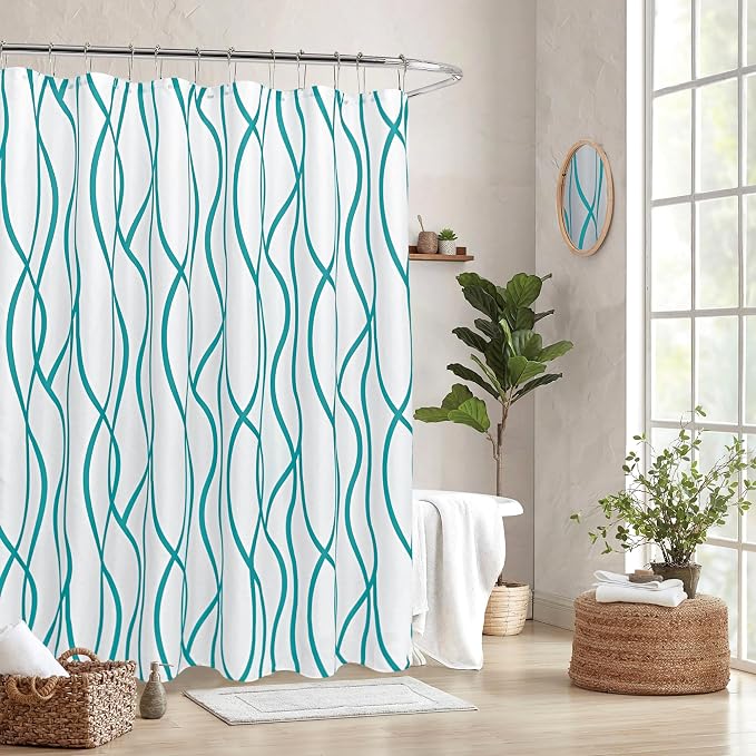 Biscaynebay Extra Long Textured Fabric Shower Curtain 72 W x 84 L, Turquoise Striped Printed Linen Modern Hotel Luxury Quality Cloth Bathroom Curtains Machine Washable