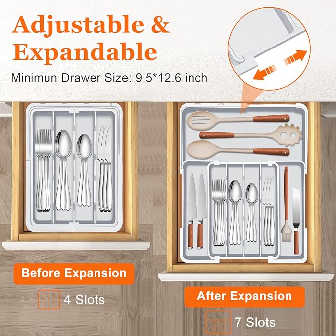 Silverware Drawer Organizer Tray, Adjustable Cutlery Storage for Kitchen, Expandable Flatware and Utensil Holder Divider for Spoons Forks Knives Tableware, 15 x 19, 4-7 Slots, Gray