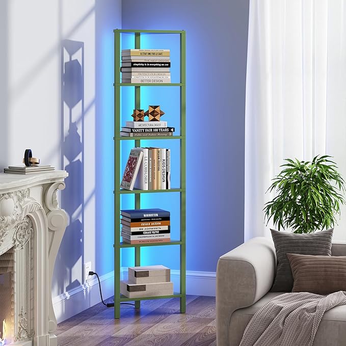 TUTOTAK Corner Shelf with LED Light, 6-Tier Corner Bookshelf | for Small Space, Narrow Display Corner Shelf Stand with Storage Rack, for Living Room, Bedroom, Olive Green BS05BOG006L