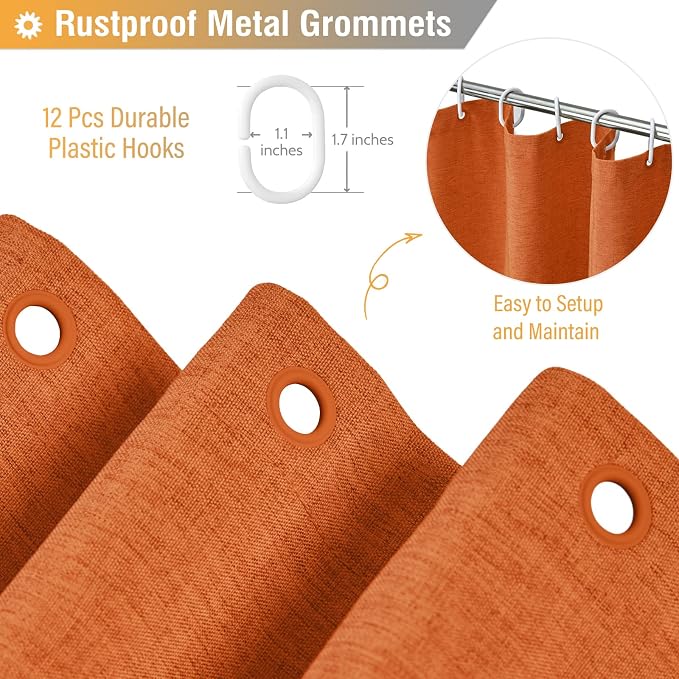 Burent Orange Linen Textured Waterproof Fabric Shower Curtain, 72x72 | 230GSM Polyester, Heavy Duty Cloth, Weighted Hem, 12 Plastic Hooks, Modern Hotel Style, Machine Washable, Bathroom Decor