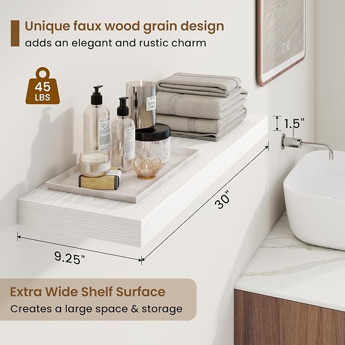 Marsmiles 9.25in Depth 30in Floating Shelves, 30x9.25x1.4, White, Set of 2 | Wall Mounted Engineered Wood Shelves, Invisible Brackets for Living Room, Bedroom, Bathroom, Kitchen Decor and Storage