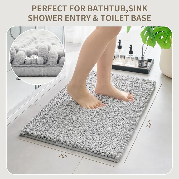 Bathroom Rugs Non Slip Washable 32x20, Extra Thick Soft Chenille Absorbent Bath Mat, High Density Barrier Non Slip Backing, Quick Dry Plush Shaggy Floor Carpet for Tub&Shower, Silver