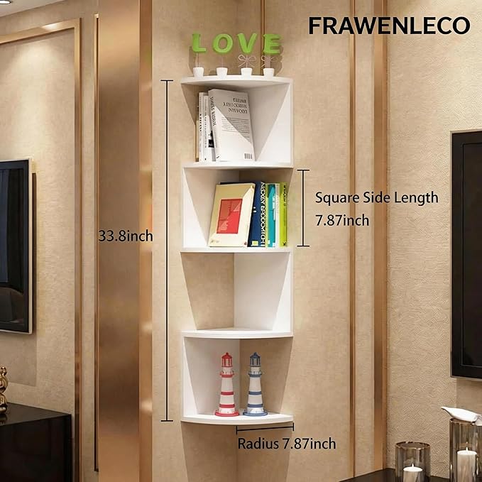 5-Tier Corner Shelf Wall Mount, Screw-Mounted Floating Bookshelf with Enhanced Support, Space-Saving Zigzag Shelf for Bedroom, Living Room, Office, Garage – (White)
