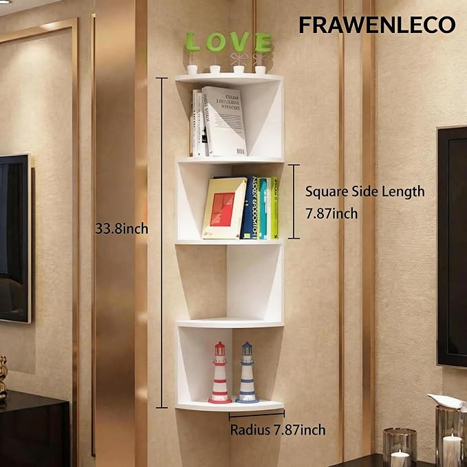 No-Drill Modern Corner Shelf Wall Mount, 5-Tier Floating Storage Rack, Corner Bookshelf with Hooks, Space-Saving Zigzag Plant Shelf for Bedroom, Living Room, Bathroom, Home Office(White)