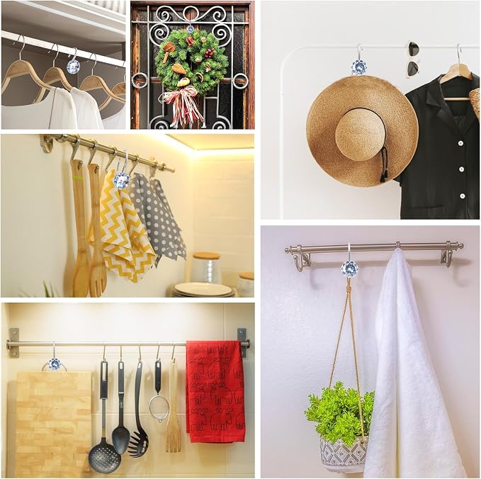 TOAOB 12pcs Round Curtain Hooks Rings Stainless Steel Rhinestone Decorative Rust Proof Shower Rod Hangers Decorative Shower Curtain Hooks for Bathroom Curtain Accessories