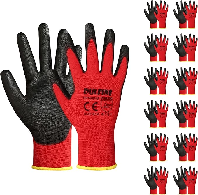 DULFINE Safety Work Gloves for Men & Women, PU Coated Seamless Knit Grip | Smooth Grip on Palm & Fingers, Ideal for Light General Duty Work, Gardening, Landscaping, Construction, Mechanic, Warehouse