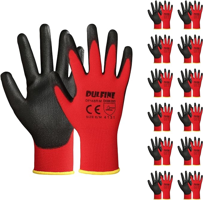 DULFINE Safety Work Gloves for Men & Women, PU Coated Seamless Knit Grip | Smooth Grip on Palm & Fingers, Ideal for Light General Duty Work, Gardening, Landscaping, Construction, Mechanic, Warehouse