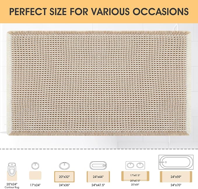 Waffle Bath Mat Brown & Cream 32"x20", Boho Woven Modern Bath Mat Rugs, Absorbent Non Slip Bathroom Rugs, Soft Washable Bath Rugs with Tassels for Bedroom, Kitchen, Shower, Tub