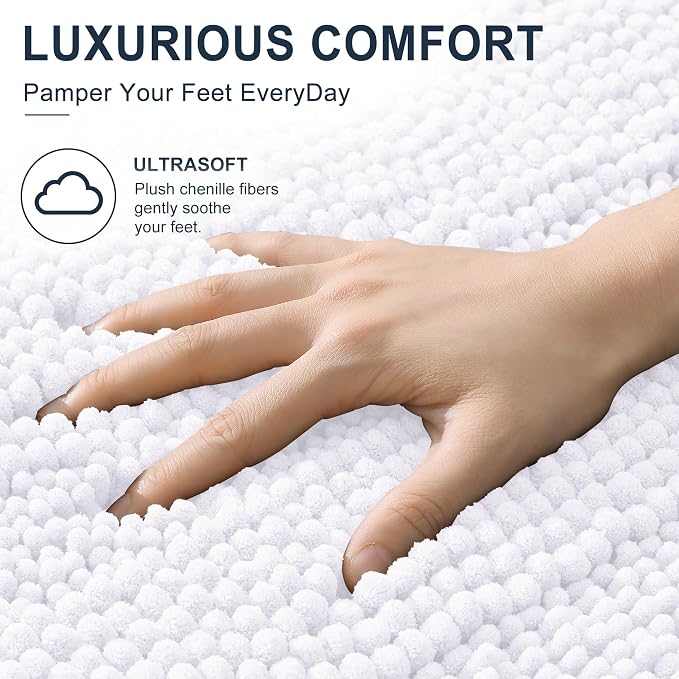 Smiry Thick Chenille Bathroom Runner Rugs 59x20, Absorbent Bath Mat, White | Quick‑Dry & Machine Washable, Non‑Slip Bath Carpet, Soft Striped Bath Rugs for Tub & Shower, Modern Home Decor Accessories