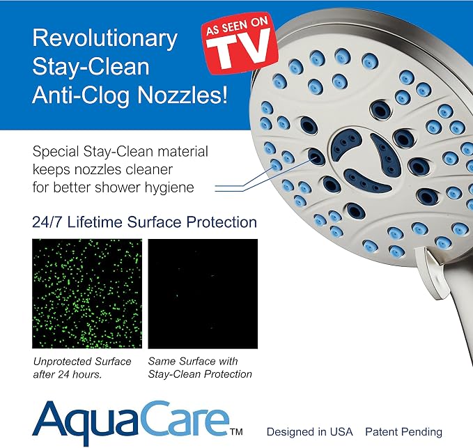 AquaCare 8-mode High Pressure Handheld Shower Head with 2-mode Power Wash | Stay Clean Nozzles, Dual Power Wash for Tub, Tile & Pets, Long 6 ft. Stainless Steel Hose, Wall & Overhead Brackets / Nickel