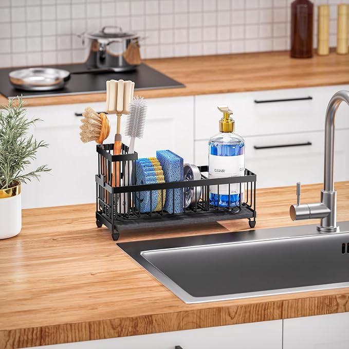 Cisily Sponge Holder for Kitchen Sink, Sink Caddy Organizer with High Brush Holder, Kitchen Countertop Organizers and Storage Essentials (Black Shelf with Stone Tray, Small)
