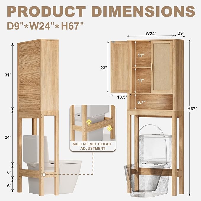 Over the Toilet Storage Cabinet, Bathroom Storage Cabinet with Rattan Doors, Bathroom Cabinet Over Toilet with Adjustable Shelf, Tall Freestanding Over Toilet Bathroom Organizer, Boho Natural Style