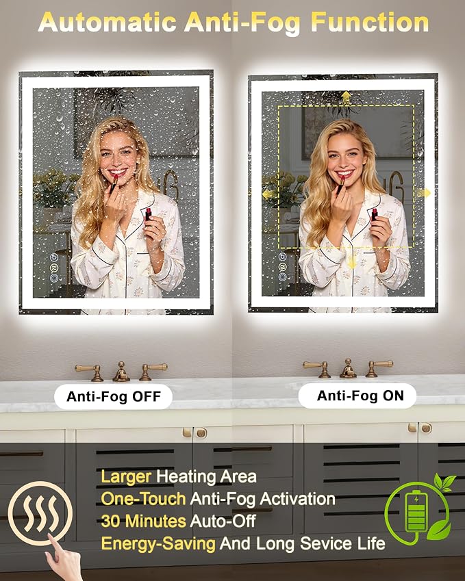 40x32 LED Bathroom Mirror, 6000LM, Separate Front and Back Lights | UL Certified,Shatter-Resistant Tempered Glass,Auto-Off Defogger,3 Color Modes,Smooth Dimming,Smart Memory Setting
