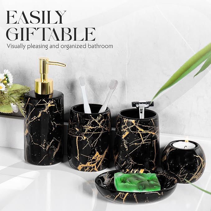 Ceramic Bathroom Accessory Set, 5-Piece Bathroom Accessory Set, Soap Dish, Toothbrush Holder, Soap Dispenser, Bathroom Tumbler & Candle Holder - Modern Bathroom Organizer, (Black & Gold)