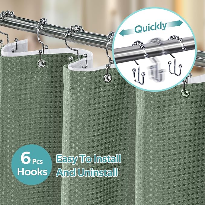 3 in 1 Shower Curtain Set, Waffle Shower Curtain and Liner Set with 6 Double Sided Shower Curtain Hooks, 258GSM Luxury Weighted Cloth Shower Curtain for Shower Stall, 36 W x 72 H, Sage Green