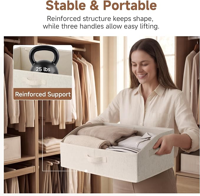 StorageWorks Closet Storage Bins, Beige(Cotton-linen), Large, 3-Pack | Linen Closet Organizer and Storage, Closet Organizer Bins, Shelf Baskets for Clothes, Purses, Towels