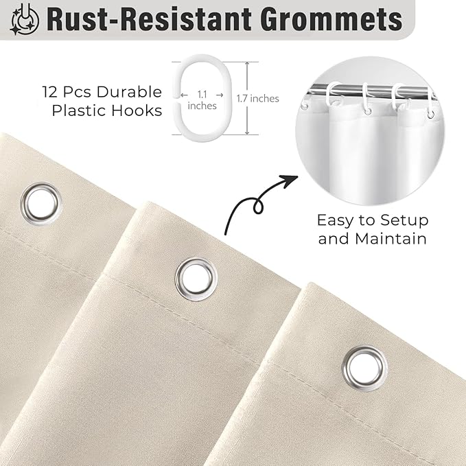 Seasonwood Beige Ruffle Shower Curtain Neutral Shower Curtain 72 x 72 | Natural button accents, layered fabric tiers, shabby chic and French country styling for decorative bathroom updates