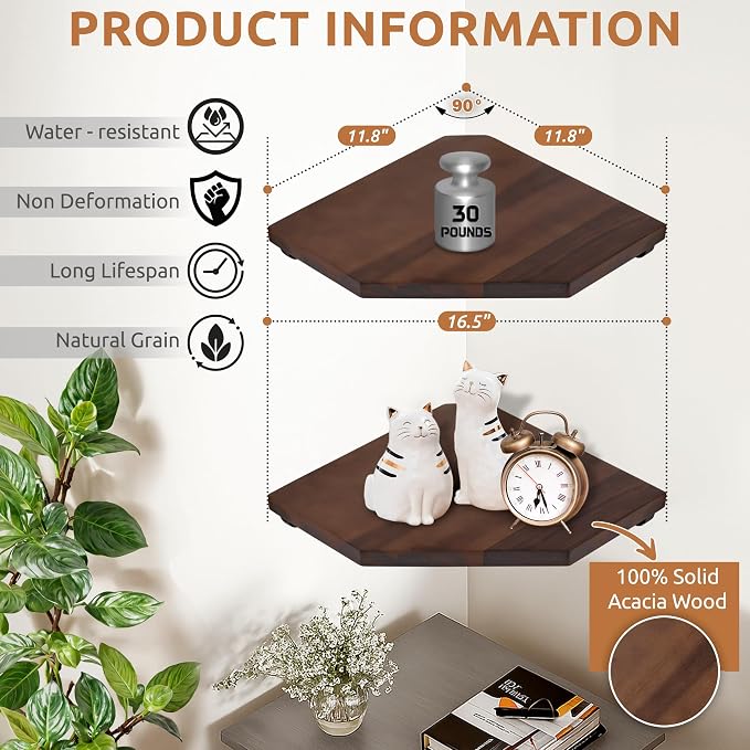 Demigo Hexagon Corner Floating Shelves, 2-Pack Acacia Wood Wall Shelf | Upgraded Wall Mounted Storage with Hidden Brackets, Modern Space-Saving Shelves for Bedroom Living Room Office Kitchen