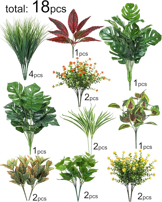 18 Pcs Artificial Plants for Outdoors Fake Greenery Stems | Faux boxwood shrubs flowers, UV resistant, indoor outdoor porch patio garden table vase window box spring summer home decor