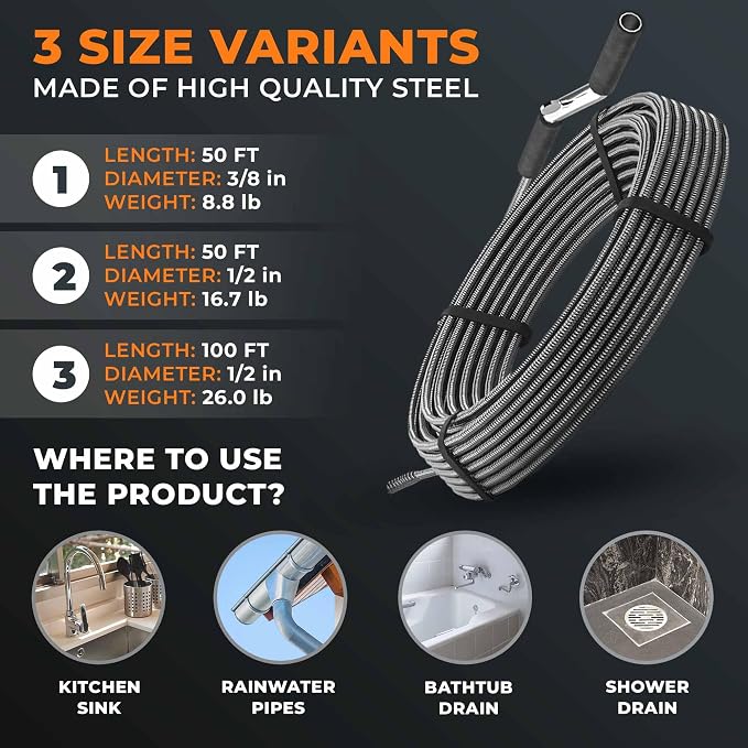 Meisterfaktur drain snake 3.0 [50 FT] - extremely long - Ideal plumbing snake for heavy & deep blockages - The drain auger for real do-it-yourselfers! (50 FT - 1/2 inch)