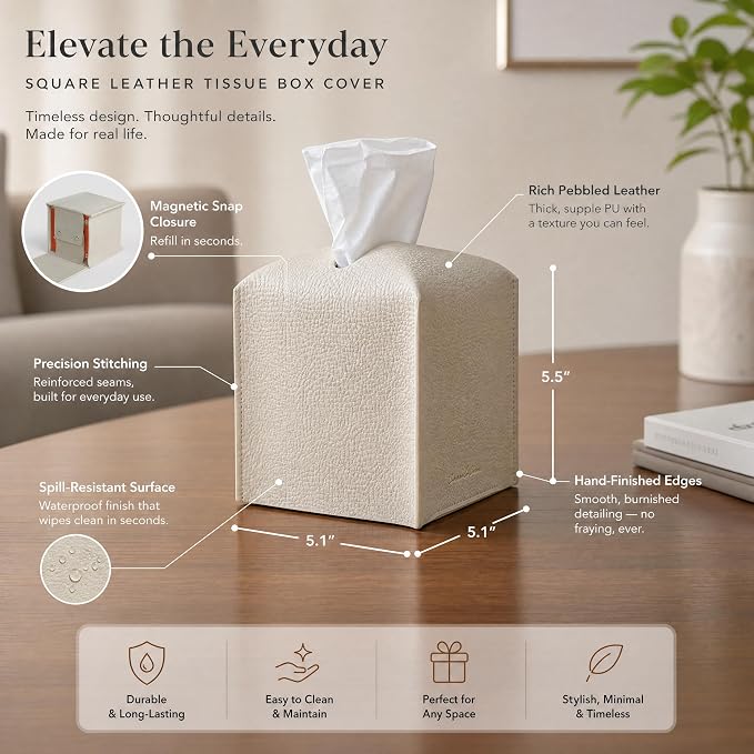 Premium PU Leather Tissue Box Holder - Elegant Hotel-Style Tissue Box Cover for Home, Office & Car Décor, Tissues Cube Organizer for a Natural & Classic Look(Beige 2 Pack)