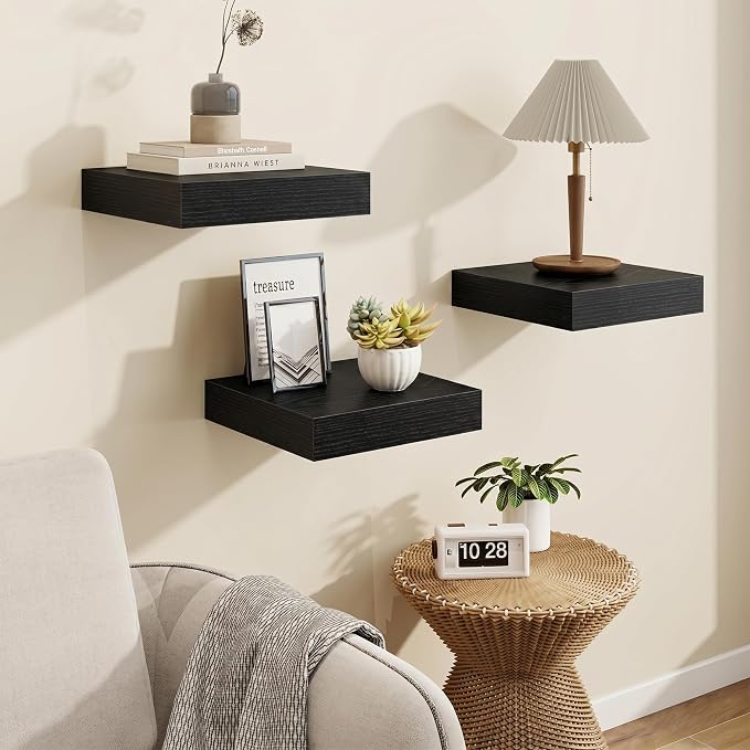 Marsmiles 8in Depth Floating Shelves, 8x8x1.4, Black, Set of 3 | Small Wall Mounted Square Shelves, Engineered Wood, Invisible Brackets, Living Room, Bedroom, Bathroom, Kitchen Decor
