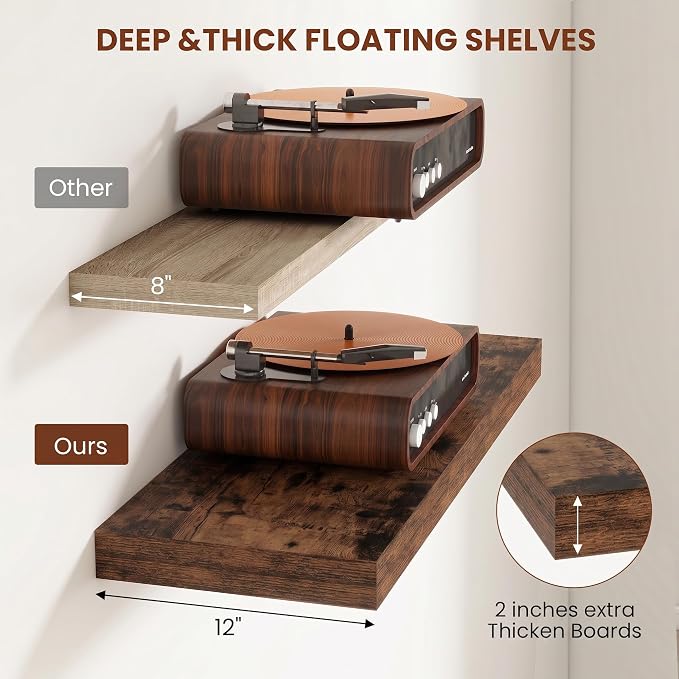12 Inch Deep Floating Shelves for Wall, 24 Inch Wide Wall Shelves Set of 2, 2 Inch Thick Heavy Duty Invisible Wall Mounted Shelves for Kitchen Living Room,Rustic Brown