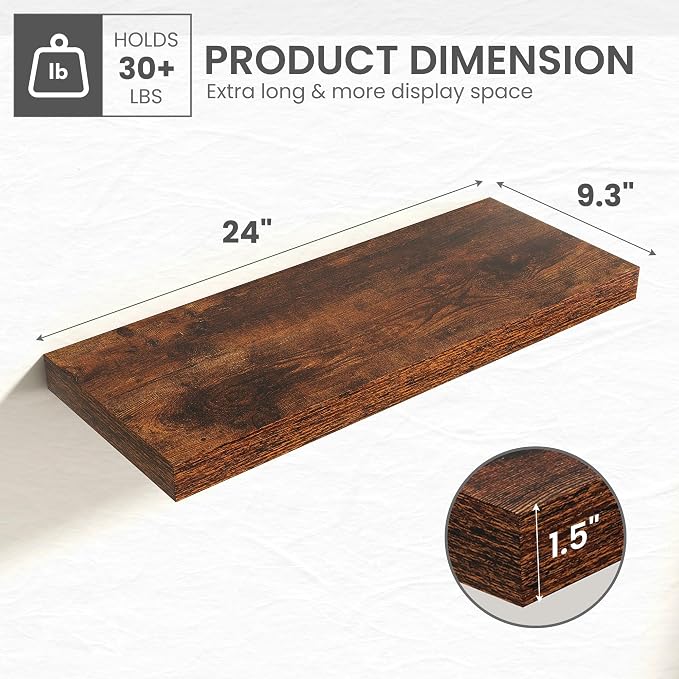 24 in Floating Shelves for Wall Decor Color Brown,Pack 2 | Modern floating shelves for living room,bedroom,kitchen and bath.Organize & display books,photos and decor.easy mount,sturdy.