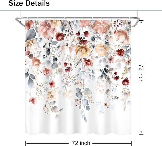 Floral Coral Pink Colorful Blue Eucalyptus Bathroom Shower Curtain Set | 72"W x 72"L Flower Leaves design with waterproof HD artwork, quick-dry fabric and hooks for easy hanging.