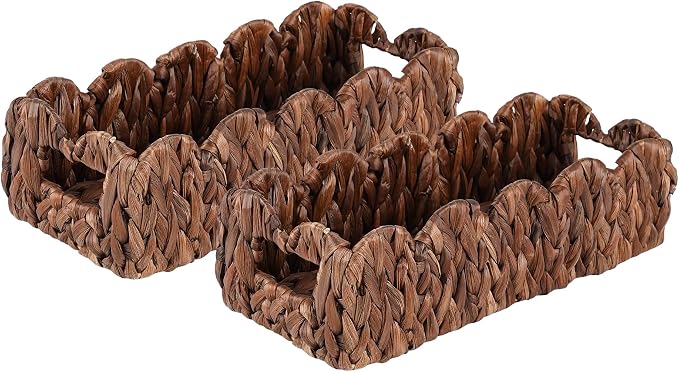 Toilet Tank Basket for Bathroom,Scalloped Edge Wicker Basket for Toilet Paper Storage,Small Baskets for Countertop,Shelves,Living Room,Bedroom,Bath Organizer&Decor,Water Hyacinth,Brown,2 Pack