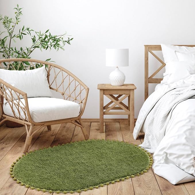 YIRDDEO Oval Rug for Bathroom, Boho Bath Mat with Pom, Olive Green, 36"x24" | Soft Plush, Absorbent, Quick Dry, Machine Washable, Non Slip Bath Mat for Bathroom Shower Floor Home Decor
